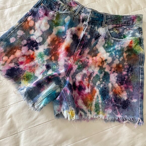 Custom Bleach Splash Denim Shorts Free Speech High-Waisted Boho Festival Style - Picture 11 of 11